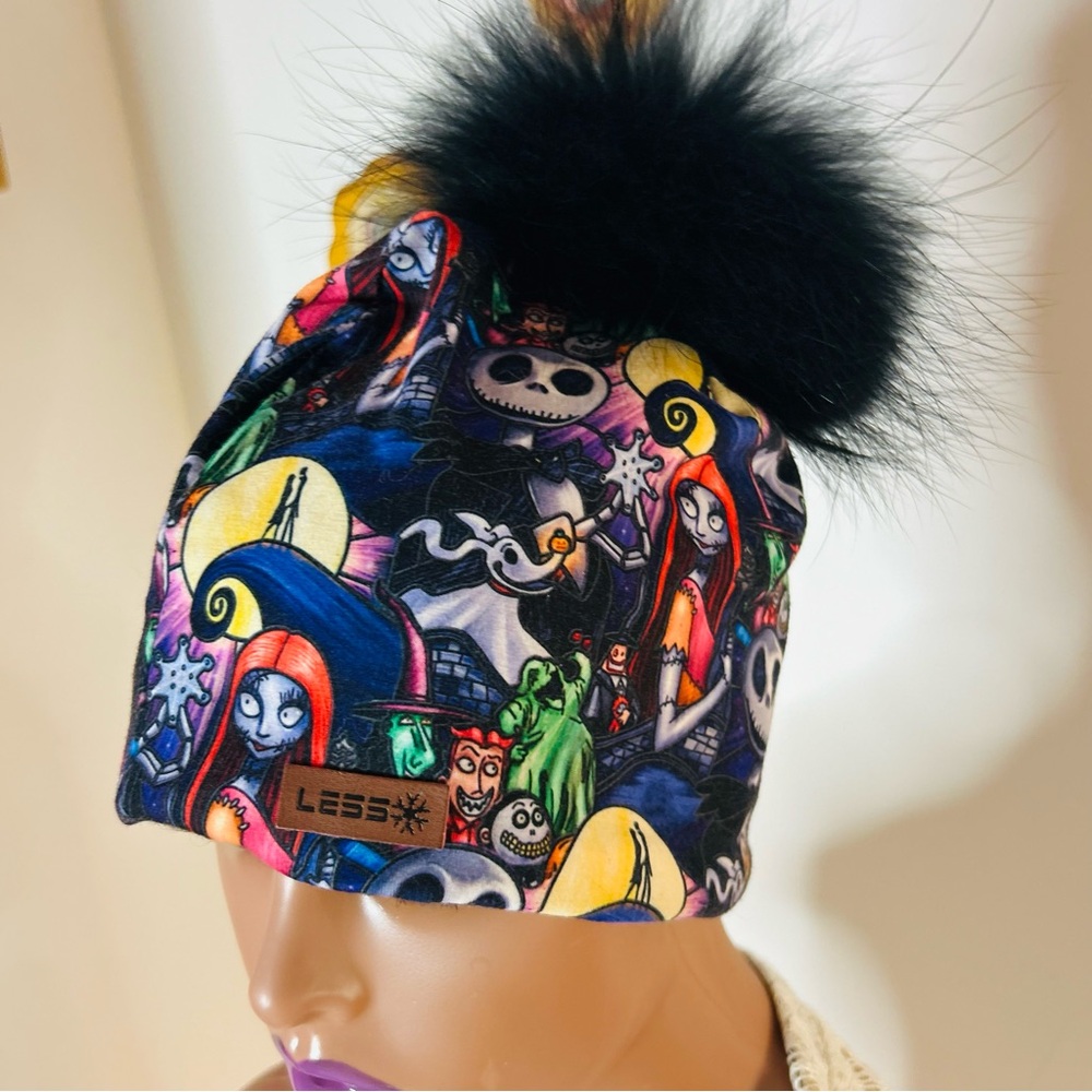 Colorful Graphic Beanie with Black Pom Pom Less